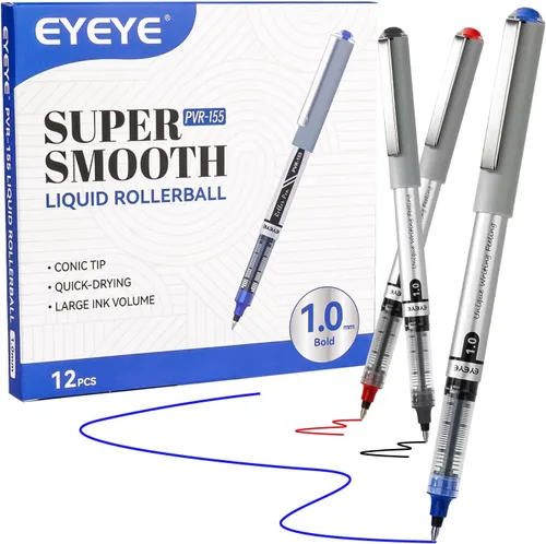 EYEYE Bolígrafos Rollerball 1.0mm, Paquete de 12, 3 Colores, Bolígrafo de Punta Gruesa de Secado Rápido, Bolígrafos Rollerball de Tinta Líquida de