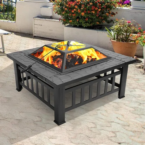 Fogata de leña para exteriores, hoguera cuadrada de metal de 32 pulgadas para exterior, mesa multifuncional con tapa de malla y póker para