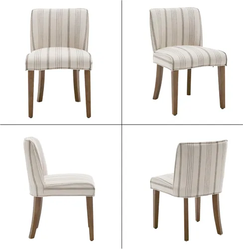 Miniatura 8 de Juego de 6 sillas de comedor de estilo rústico tapizadas de lino a rayas caqui, sillas de comedor sin brazos para el hogar, cocina, comedor, Franja