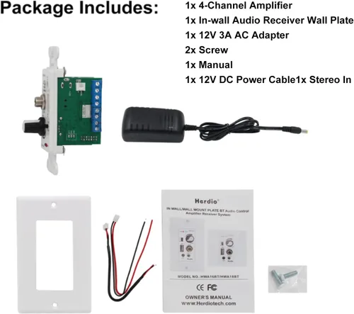 Miniatura 2 de Herdio Amplificador Bluetooth de pared de 4 canales Control de volumen Placa de pared USB/MIC/AUX (3.5mm) Entradas Conecta 4 altavoces con fuente