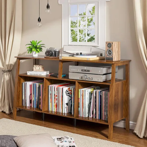 Miniatura 9 de Mxtxmy Soporte grande para tocadiscos, mesa giratoria de mediados de siglo con almacenamiento abierto con capacidad para hasta 450 álbumes, estante