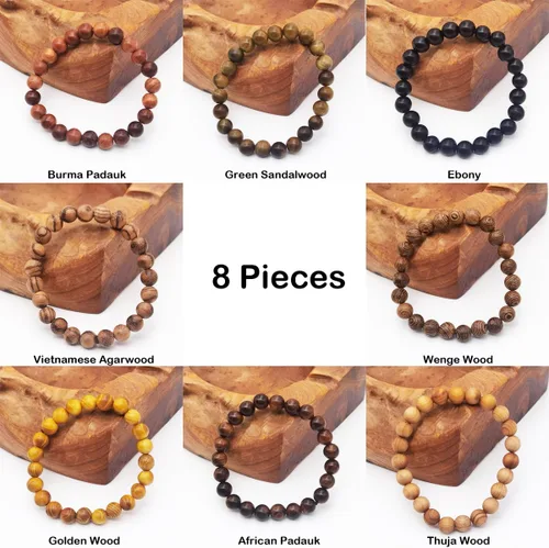 Miniatura 3 de INSPIRELLE 8 pulseras elásticas de madera natural con cuentas para hombres y mujeres
