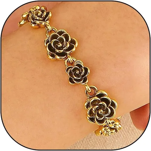 GIGB PBDK Pulsera de cadena de flores de oro de 14 quilates vintage para mujer, brazalete de eslabones florales de plata antigua, pulsera ajustable