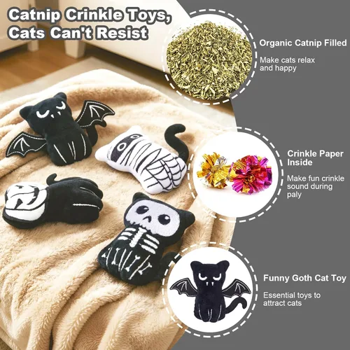 Miniatura 2 de Retro Shaw Paquete de 4 juguetes de hierba gatera arrugada para gatitos de interior, felpa suave para Halloween, juguetes góticos para gatos, juego
