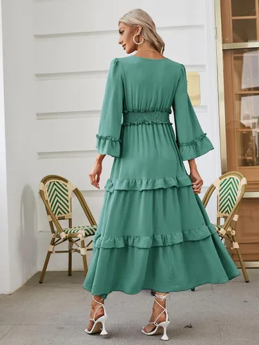 Miniatura 4 de Amegoya Vestido largo de manga larga con cuello en V bohemio para mujer, de verano, para invitadas de boda, de estilo fluido, para compromisos