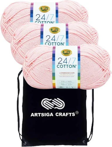 Miniatura 18 de Lion Brand 24/7 Algodón Rosa 761-101 (3 carretes - mismo lote de tinte) Hilado medio #4 de algodón para crochet y tejer con bolsa de proyecto