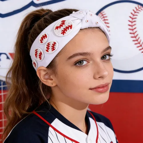 Miniatura 2 de Diadema deportiva de béisbol con cuentas blancas para mujeres, profesores, abalorio de béisbol con cuentas adornadas, diadema elegante y elegante