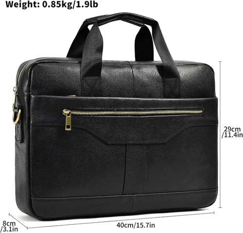 Miniatura 2 de Maletín de cuero genuino para hombres, bolso de hombro para computadora portátil con correa, bolso de trabajo de viaje de negocios de 15.6 pulgadas
