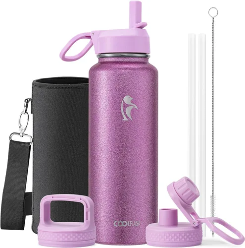 Miniatura 14 de Coolflask Botella de agua de 20 onzas aislada con pajilla, 3 tapas de metal de acero inoxidable, botella de agua de boca ancha para deportes u