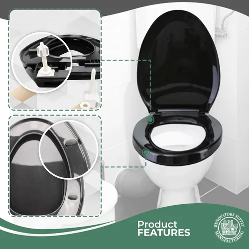 Miniatura 2 de Renovators Supply Manufacturing Asiento de inodoro alargado de plástico negro con cierre suave y silencioso, tapa de cierre silencioso, asiento
