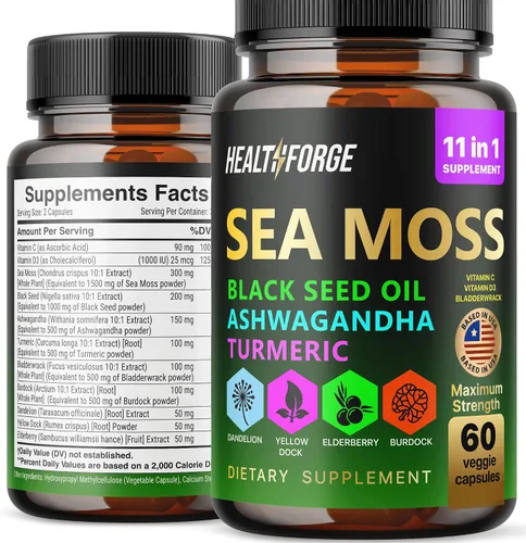 Miniatura 8 de Cápsulas de musgo marino irlandés Organic Seamoss 3000 mg Cápsulas de aceite de semilla negra 2000 mg Ashwagandha Suplementos 1000 mg de cúrcuma