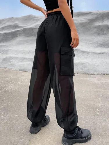 Miniatura 2 de OYOANGLE Pantalones cargo de malla transparente con cordón en la cintura y bolsillo con solapa para mujer