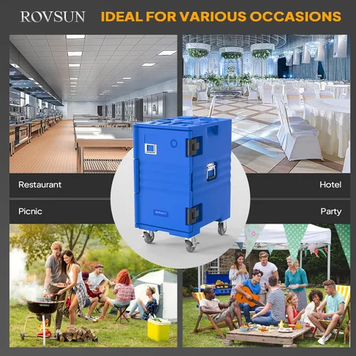 Miniatura 8 de ROVSUN Caja Calentadora de Alimentos, Porta Comida Aislada con Ruedas Bloqueables Dobles Hebilla y Asas, Cajas Calientes Apilables para Restaurante