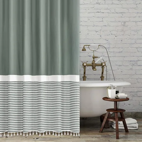 Miniatura 12 de Cortina de ducha gris Seasonwood Moderna de tela con borlas blancas, cortinas de ducha estilo casa de campo a rayas, impermeable, 72x72 pulgadas