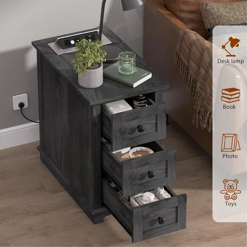 Miniatura 4 de HIFYOBRO - Mesa auxiliar con 3 cajones y estación de carga con tapa abatible, mesa auxiliar con almacenamiento, mesita de noche estrecha de madera