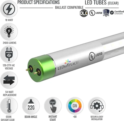 Miniatura 2 de LEDMyplace18W - Tubo de luz LED híbrida de 4 pies, 6500 K, luz blanca diurna, 2400 lúmenes, lente transparente, extremo único o doble T8, reemplazo
