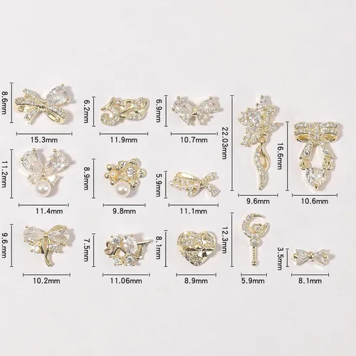 Miniatura 5 de Dijes y gemas para uñas, circonita de cobre dorado, múltiples formas 3D, diamantes de imitación de metal de lujo para uñas, 14 piezas