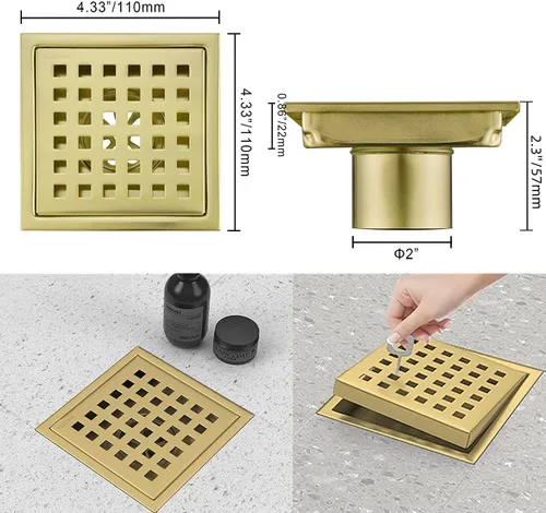 Miniatura 3 de Desagüe de ducha cuadrado de 4 pulgadas con rejilla de rejilla de cubierta extraíble, azulejos de acero inoxidable SUS 304 en desagüe de piso, oro