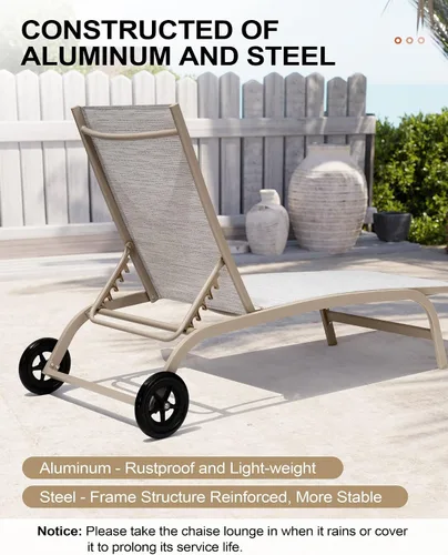 Miniatura 6 de Crestlive Products Tumbona de aluminio para exteriores con respaldo y ruedas ajustables de 5 posiciones, tumbona para todo tipo de clima para patio