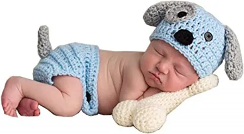 Traje de bebé recién nacido, accesorios para fotos, trajes de ganchillo de punto azul con gorro de perro, pantalones cortos con hueso para niños y