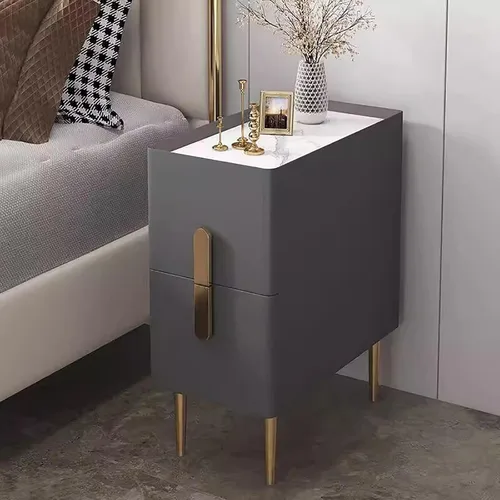Mesita de noche con cajón, mesa auxiliar con patas doradas y asas, estilo moderno y minimalista, mesita de noche alta para dormitorio, sala de