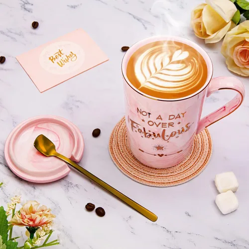 Miniatura 4 de Divertidos regalos de cumpleaños para mujeres, taza de café de 14 onzas con texto en inglés "Not a Day Over Fabulous" impresa con oro, ideas de Rosa