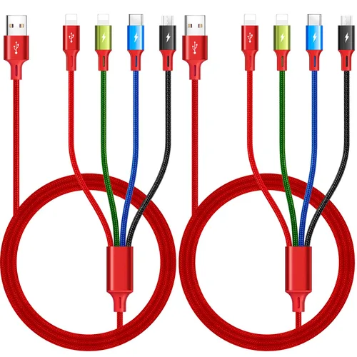 Cable de carga múltiple de 3.5 A, [2 unidades de 6 pies] 4 en 1, cable de carga múltiple trenzado, adaptador de cable multiUSB con Lightning/tipo
