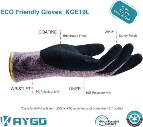Miniatura 2 de KAYGO Guantes de trabajo para mujer, guantes de trabajo de seguridad ecológicos con revestimiento de goma transpirable, KGE19L, 3 pares Púrpura
