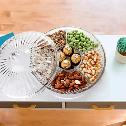 Miniatura 4 de Bandeja creativa de acrílico multifuncional para aperitivos con tapa, platos para servir frutas secas, nueces, dulces, frutas, 6 compartimentos