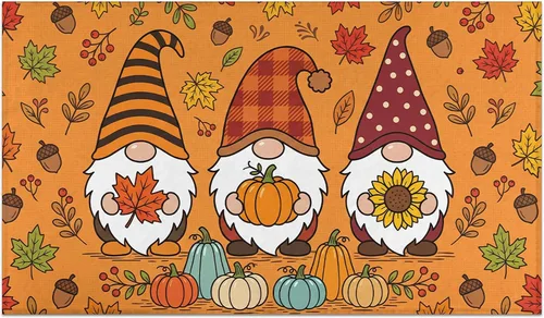 Fall Door Mat Outdoor, Autumn Pumpkin Welcome Mat Fall Decorations Non-Slip Thanksgiving Doormat Low Profile for Home Indoor Outdoor Decor (Gnome,