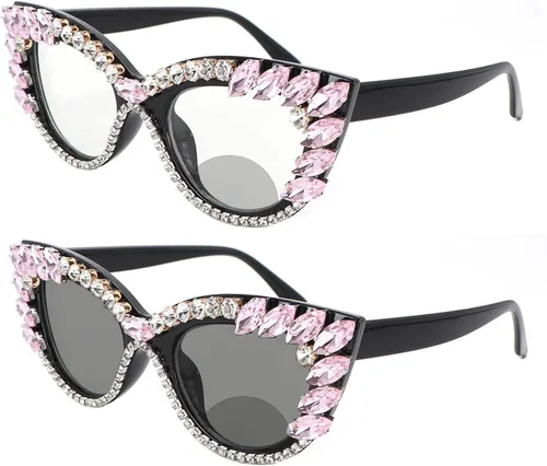 Miniatura 9 de helena Gafas de lectura bifocales con marco de diamantes de imitación fotocromáticos de transición al aire libre para mujeres con estilo ojo de gato