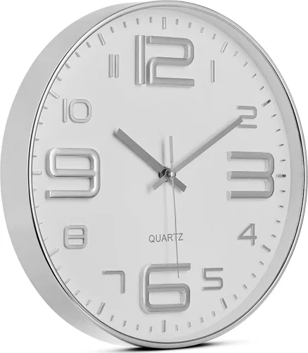 Miniatura 2 de Bernhard Products Reloj de pared plateado de 12 pulgadas, silencioso, sin tictac, de cuarzo, funciona con pilas, redondo, blanco, decorativo, diseño