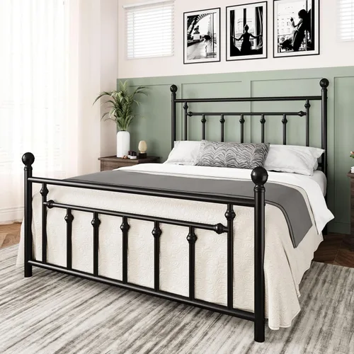 Miniatura 3 de Allewie Base de cama de plataforma de metal de tamaño completo de 14 pulgadas con cabecero y pie de cama vintage victoriano/base de Negro