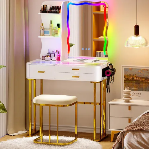 Miniatura 10 de Lvifur RGB Escritorio de Tocador - con Espejo y Luces, Juego de Mesa de Tocador con 7 Luces Dinámicas y 24 Estáticas Atenuables con Estación