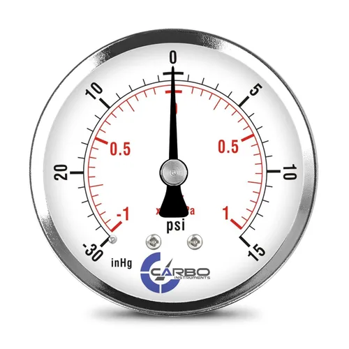 Medidor de presión de 2-1/2 pulgadas, carcasa de acero cromado, seco, vacío compuesto -30 Hg - 0-15 psi montaje trasero 1/4 pulg. NPT