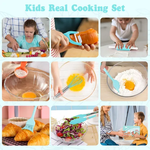 Miniatura 5 de Juegos de cocina para niños, juego de cocina y hornear con estuche de almacenamiento, cuchillos seguros para niños, tabla de cortar, delantal, libro