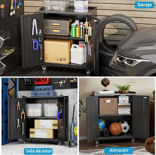 Miniatura 7 de SUXXAN Armario de almacenamiento de metal con ruedas, armario de almacenamiento móvil con 2 puertas y estantes ajustables, tablero de clavijas y 4