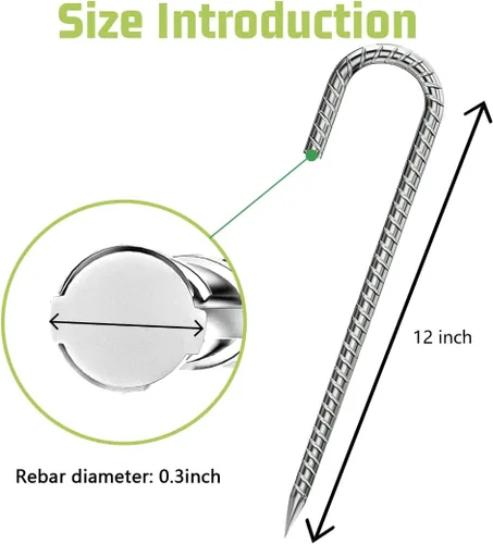 Miniatura 2 de Estacas de Varilla de Refuerzo de 12 Pulgadas, Estacas de Suelo Resistentes con Gancho en J Galvanizado Anti-Óxido, Anclajes de Suelo Resistentes