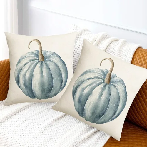 Miniatura 6 de AWJTNCQ Juego de 2 fundas de almohada de calabaza de otoño de 16 x 16 pulgadas, para exteriores, color verde azulado, azul, acuarela, fundas