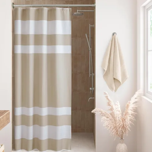 Miniatura 11 de Madison Park Cortina de ducha de tejido waffle con diseño a rayas en piezas, cortina de ducha de tela para baño con gestión de humedad 3M Rayas Taupe