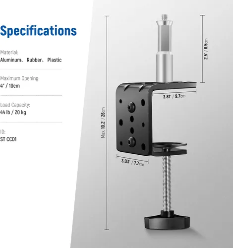 Miniatura 3 de NEEWER Abrazadera C resistente con columna de montaje para soporte de luz, abrazadera de escritorio de metal ajustable con tornillos de 1/4" 3/8