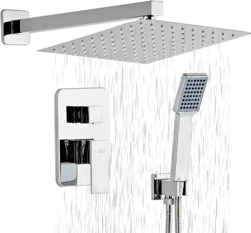 Cabezal de Regadera - Juego de Grifo de Ducha Sistema Combo Cuadrado con Cabezal de Ducha de Lluvia de 20 cm, Montaje en Pared, Ducha de Mano, Acero