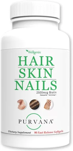 Wellgenix Purvana Suplemento para la piel y las uñas – 2500 mcg de biotina cápsulas blandas con MSM y complejo B – Soporte diario de belleza para