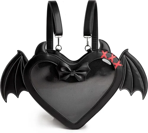 Gothic Ita Bag Mochila con alas de murciélago Kawaii en forma de corazón, bolsa de exhibición ajustable cruzada para cosplay y concierto, color negro