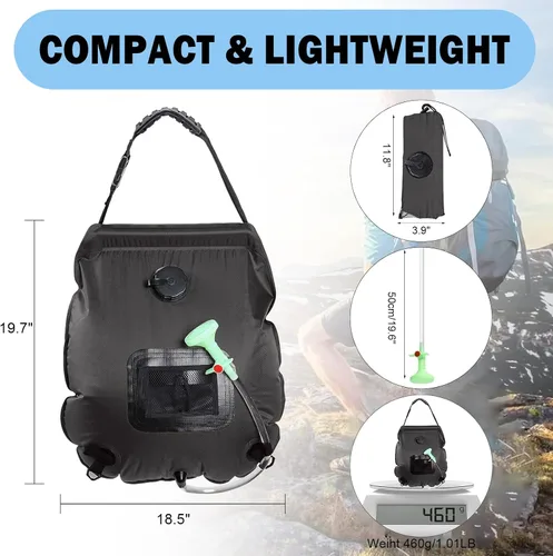 Miniatura 6 de Bolsa de ducha solar Bolsa de ducha solar de 5 galones/20L de calefacción solar Manguera extraíble Cabezal de ducha intercambiable