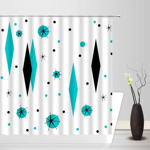 Miniatura 3 de Cortina de ducha de mediados de siglo, moderna abstracta con diamantes atómicos, lunares, retro, de los años 50, decoración geométrica para baño
