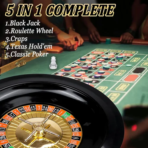 Miniatura 2 de Set de Juego de Casino Premium 5 en 1: Kit de Juego de BlackJack/Ruleta/Dados/Texas Holdem/Póker con 360 Fichas+8 Mazos de Cartas+Rueda de Ruleta+2