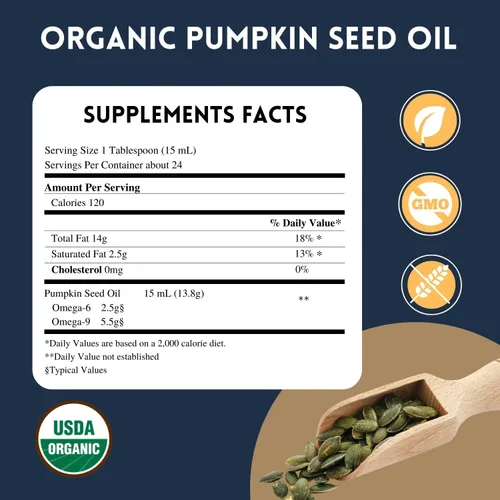 Miniatura 7 de Health Logics Aceite de semilla de calabaza de 12 onzas orgánico prensado en frío Vegetariano, sin OMG, sin gluten Seguro para cocinar Apoya