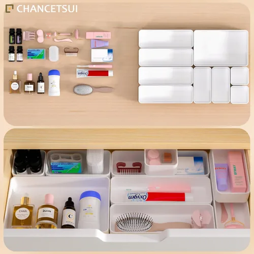 Miniatura 4 de 9 piezas de juego de bandejas organizadoras de cajones apilables, bandejas de almacenamiento apilables multifuncionales para tocador, baño, cocina