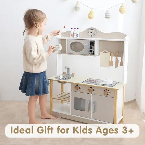 Miniatura 3 de Juego de cocina para niños, juguete de madera para niños con 12 piezas de accesorios de comida y utensilios de cocina, juego de cocina para niños